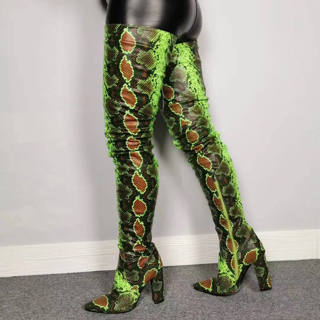 

2022 Women Snakeskin Design Sexy Pointy Toe Wide Top Thigh Boots Mixed Color Stiletto Heel Over the Knee Crotch Boots Size 35-47