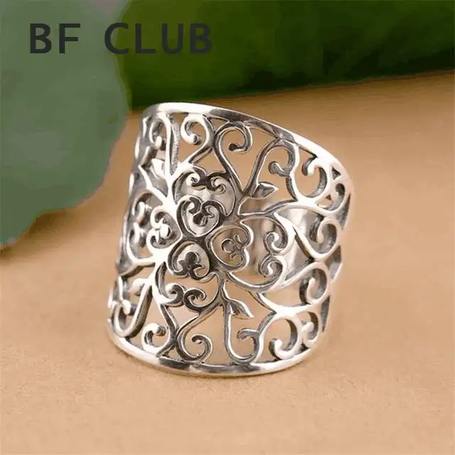 Bague ouverte en argent regardé 925 sculptée pour femme, grande surface large, fleurs creuses, vintage, vente d'usine, maman, dames, livraison directe