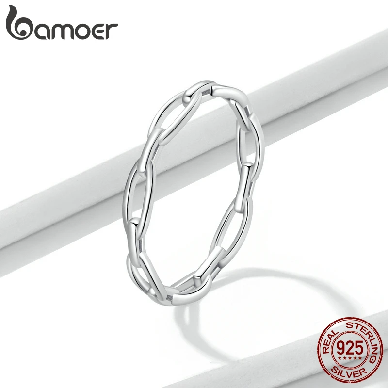 BAMOER 925 Sterling Silver Bohemian Style Geometric Chain Ring for Women Simple Design Ring Statement Jewelry Party Gift BSR211