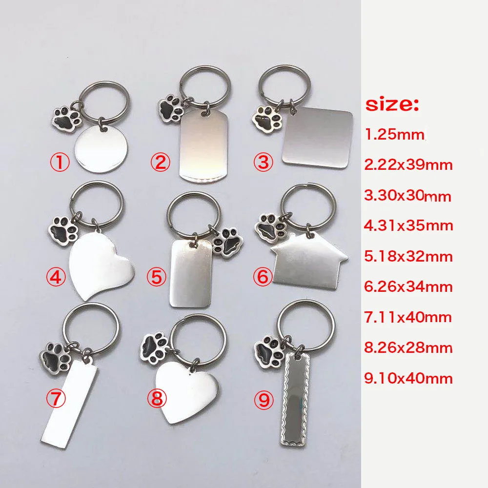 100% Stainless Steel Blank Paw Print House Heart Rectangle Dog Tag Charm Keychain Key Ring For Engrave Mirror Polished 10pcs