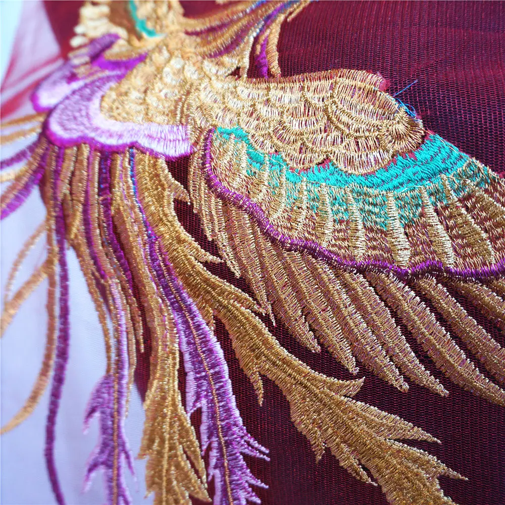 Embroidered Gold Phoenix Peacock Lace Fabric Red Mesh Gown Appliques Trims Collar Sew On Patch For Wedding Decoration Dress DIY