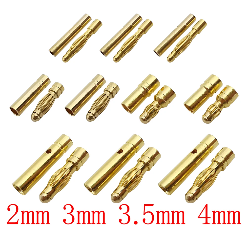 2mm 3mm 3.5mm 4mm Bullet Banana Plug Pozłacane złącze bananowe męskie żeńskie Zestawy wtyczek akumulatorowych do części akumulatorowych RC DIY