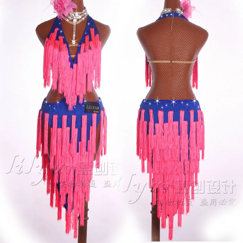 New Latin dress competition dress performance Dress Adult custom pink tassel open waist open back dance skirt