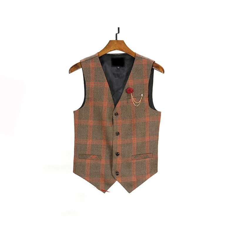 Men's British Gentleman Retro Suit V Neck Lattice Vest Korean Version For Casual Slim Wedding Waistcoat Mens Vests Clothing