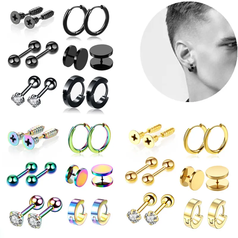 12PCS Stainelss Steel Punk Earrring Set Men Earring Hoop Lot Gothic Earring Pack For Women Men Fake Ear Plug Unisex Ear Stud Set