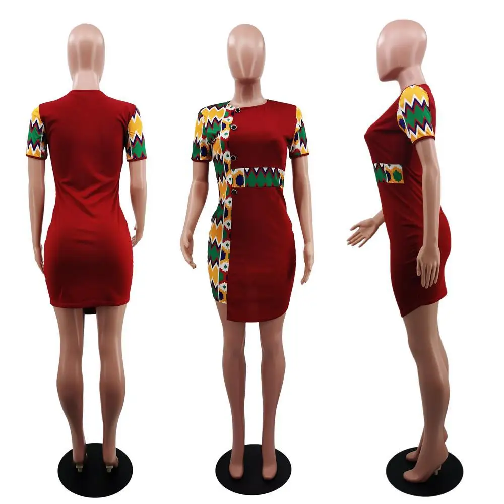 2021 Summer Sexy African Women Printing Polyester O-neck Mini Dress African Dresses for Women African Clothes European Clothing