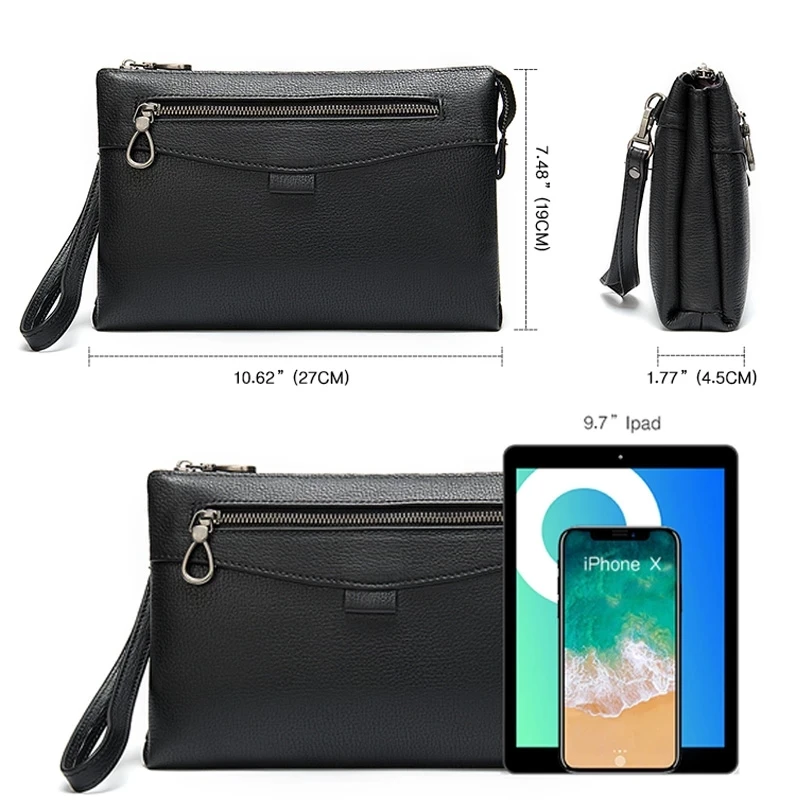 Luufan Top Grade Genuine Leather Men Clutch Wallet Fit 7.9" iPad Soft Leather Hand Purse Zipper Male Business Clutch Bag Black