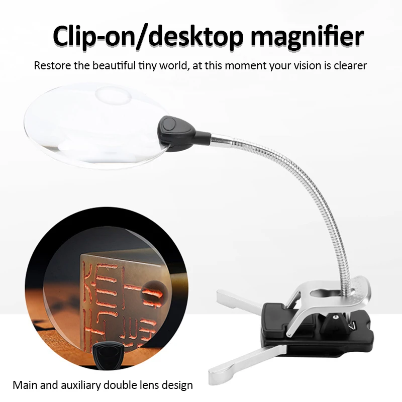 Clip On Desktop Illuminated Magnifier Magnifying Glass Reading Loupe Metal Hose LED Lighted Lamp Top Desk Magnifier With Clamp