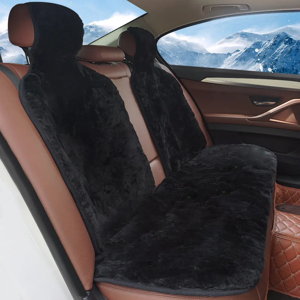 AUTOROWN Black Car Seat Cover 100% Natural Australian Sheepskin Universal Size Winter Car Seat Cushion Auto Interior Accessories