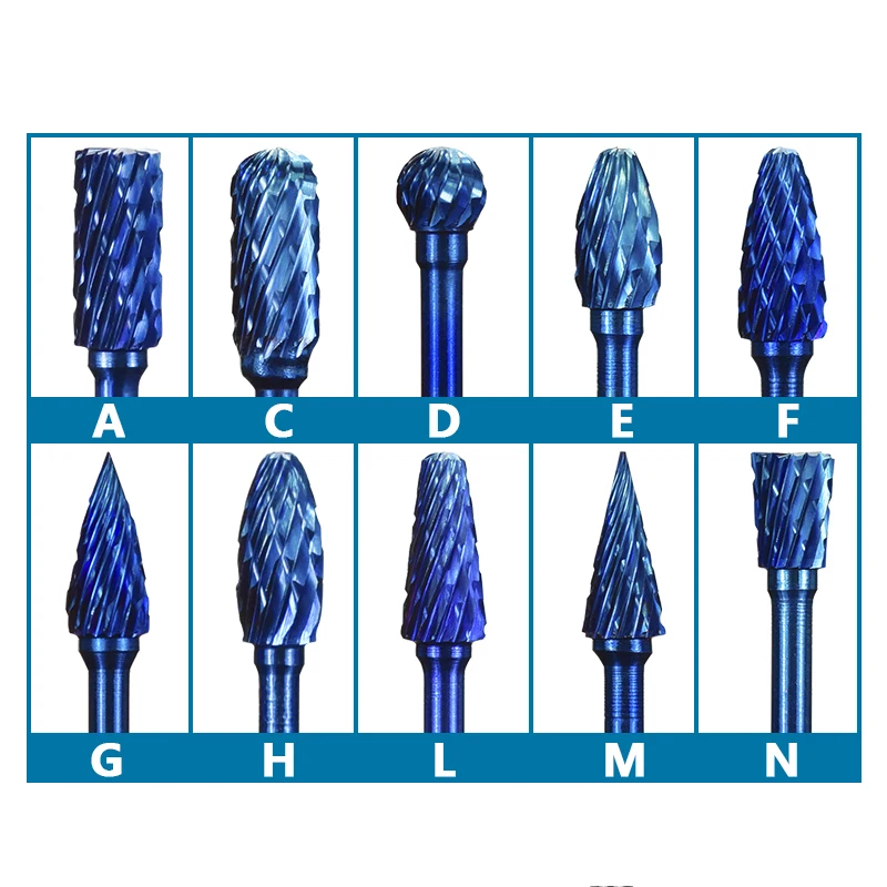 CMCP 10pcs 3-6mm Shank Tungsten Carbide Burr Bit Nano Blue Coated Rotary Cutter Files CNC Engraving Tools Set