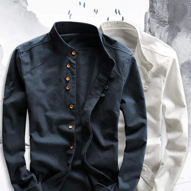 Męska koszula z mieszanki bawełny i lnu formalne Retro w stylu chińskim z długim rękawem stójka koszule na co dzień miękka odzież komfort Plus rozmiar 7XL