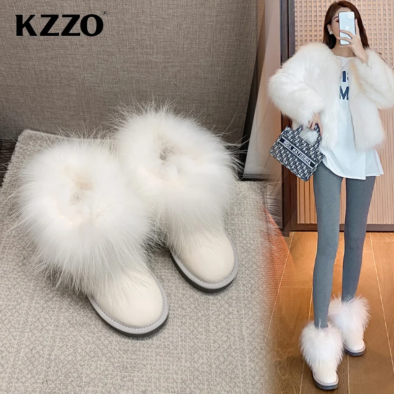 KZZO Fashion Style Natural Real Fox Fur Women Snow Boots Genuine Leather Wool Lined Ankle Winter Warm Shoes Waterproof White