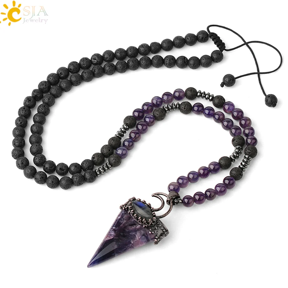 

CSJA Natural Stones Lava Rock Long Necklaces Triangle Pendants 6mm Purple Crystal Pink Quartz Beads Women Men Sweater Chain G427