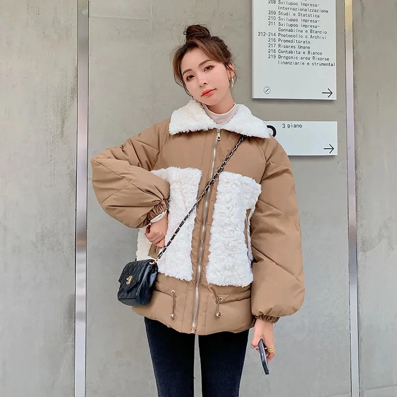 패치 워크 여성 Parkas 한국 패션 Thicken Warm Kawaii Jacket 램 울 칼라 지퍼 아래 면화 패딩 퀼트 코트 여성