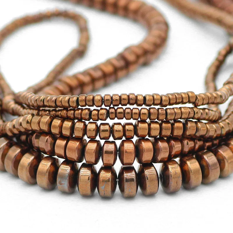فواصل حجرية مستديرة من الهيماتيت الطبيعي لصنع الحلي ، حبات سائبة ، أسطوانة مسطحة ، نحاسي أحمر ، إكسسوارات أساور تصنعها بنفسك ، 3 تقسم ، 4 ، 6 ، 8 #3