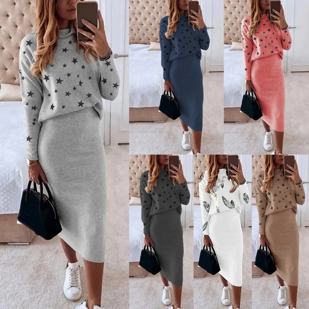 Women Skirt Suit Streetwear Blouse Skirt Lady Turtleneck  Casual Bodycon Mid-Calf Blouse Skirt Костюмы с юбкой костюм женский