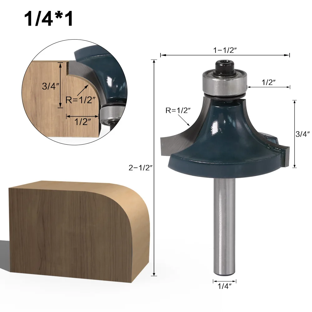 Fresa de haste 1/4 "1/4mm, escultura em madeira, canto redondo, broca de roteador com rolamento para trabalho em madeira, carboneto de tungstênio, 1 peça