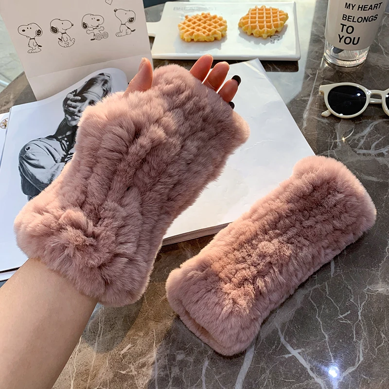 ZDFURS* Lady Fashion Knitted Warm Real Rex Rabbit Fur Glove Winter Women Rabbit Fur Mittens Natural Soft  Rex Rabbit Fur Gloves