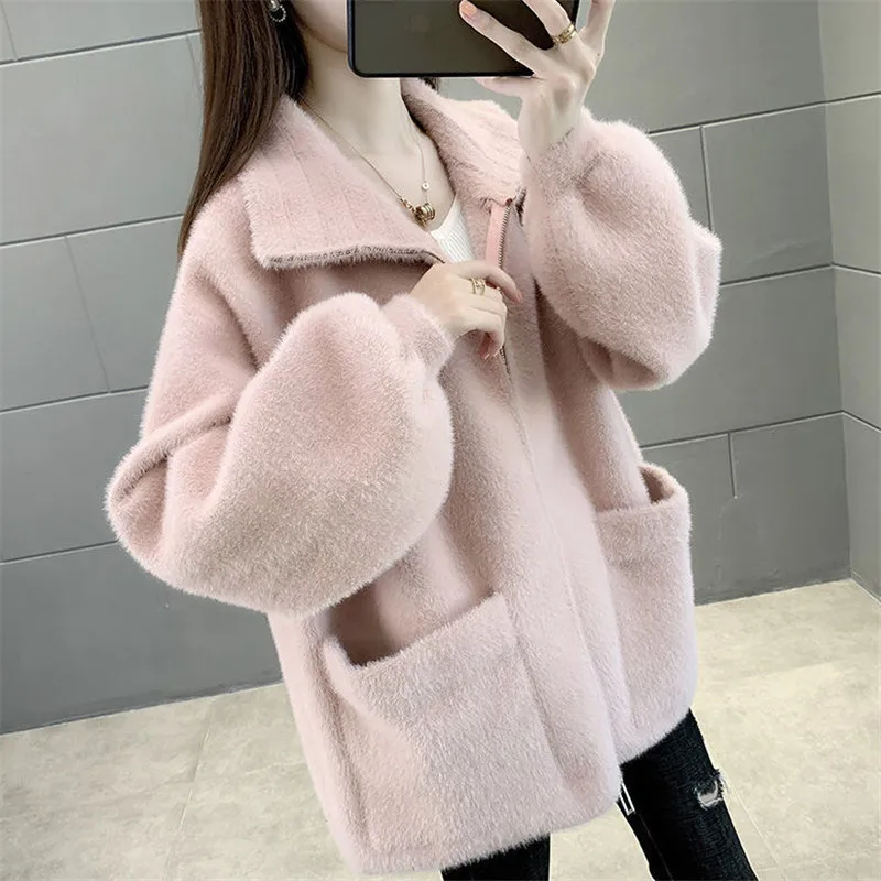 2024 Autumn Winter Thick Faux Mink Cashmere Woolen Coat Women Loose Short Outwear Korean Big Pocket Zipper Woolen Jacket Female