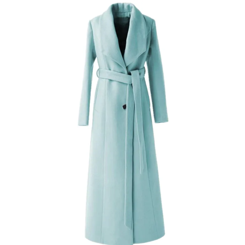 

X-Long woolen coat wome lapel office lady slim belted wool blends overcoat