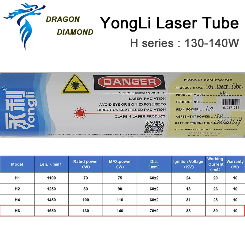 DRAGON DIAMOND Yongli H6 130 W-150 W CO2 Laser Buis Metalen Kop Lengte 1650mm Dia.70mm Voor CO2 Lasergravure Snijmachine