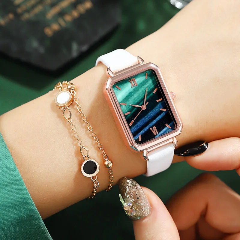 2Pcs Women Watches Fashion Elegant Ladies Watch Small Square Green Quartz Female Clock Vintage Leather Wrist Watch Bracelet Set