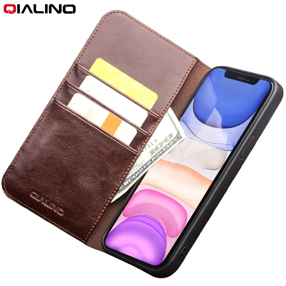 QIALINO Luxury Ultra Slim Handmade Case for iPhone12 Pro Max Genuine Leather Wallet Card Slot Bag Flip Cover for iPhone 12 mini