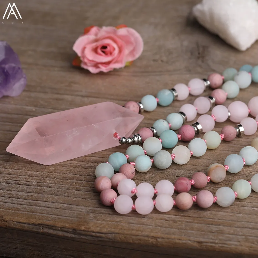 Natürliche Rosa Quarz Doppel Stick Punkt Anhänger 8mm Verfilzte Amazonit Rosen Quarz Runde Perlen Schnur Verknotet Mala Halskette Schmuck – Detail 5
