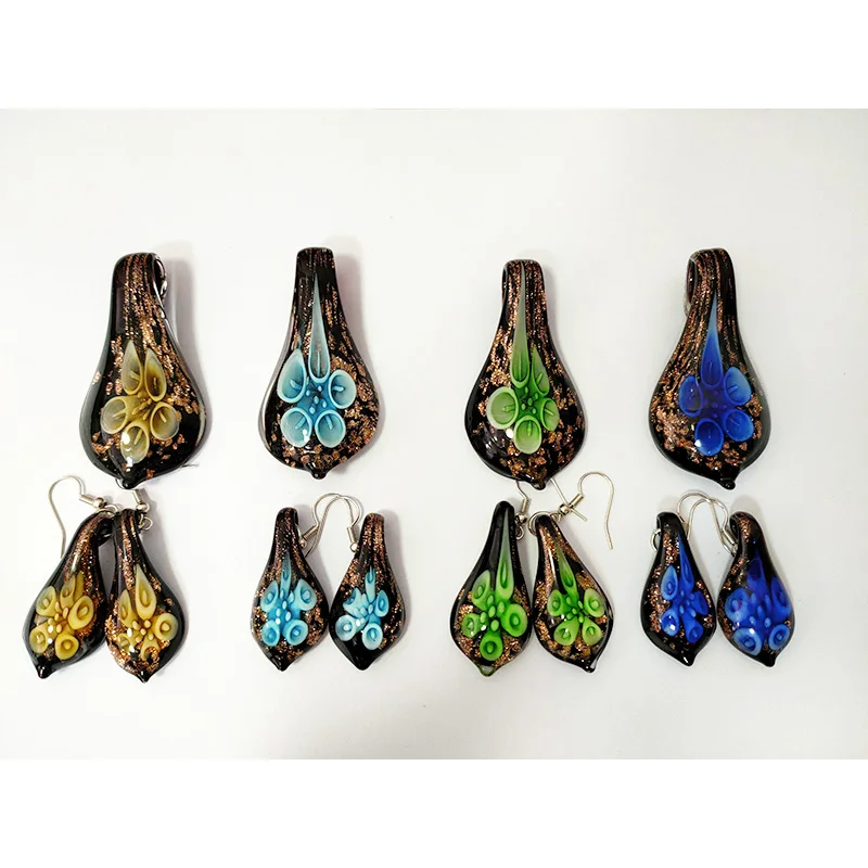 4 Sets Bohemian Mix Colors Fashion Murano Grass Flower Drop Pendant Necklace Earrings Jewelry Set For Women Blue Yellow Green