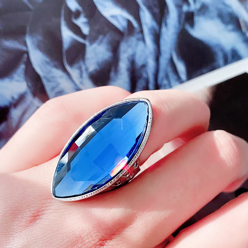 Kinel New Arrivals Luxury Blue Glass Crystal Rings For Women Silver Color Vintage Wedding Ring Christmas Gift Punk Jewelry