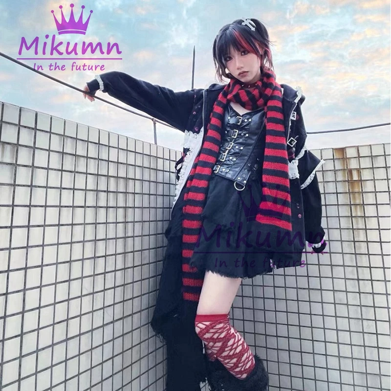 Mikumn Harajuku Punk Fashion szary czerwony czarny szalik w paski kobiety dziewczyna zimowe ciepłe szaliki z dzianiny Streetwear