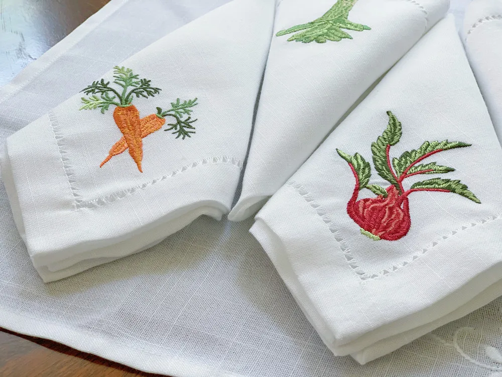 @Vegetable Napkins Hemstitched Embroidery, Linen+Cotton Table Decor, Beetroot, Fennel, Carrot,Home/Airbnb/Banquets/Hotel