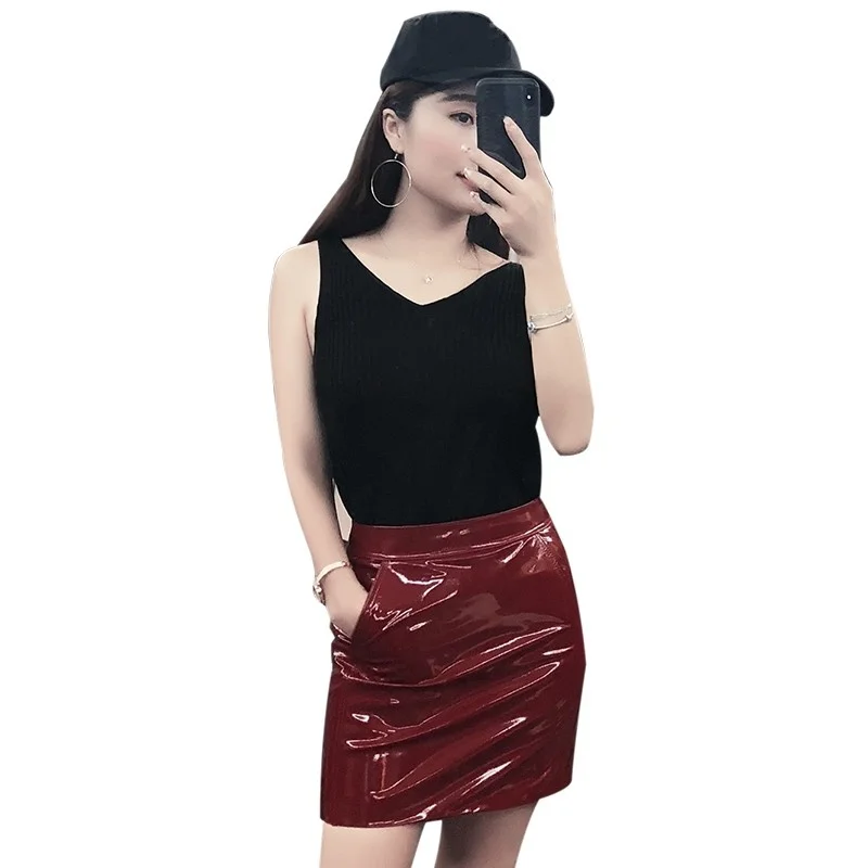 New Autumn Fashion Women Skirts Genuine Leather Streetwear Casual High street Bright Sheepskin High Waist Wrap Solid Skirts