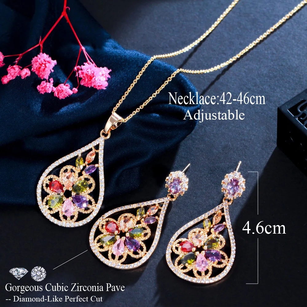 CWWZircons Dangle Drop Indian Yellow Gold Vintage Flower Jewelry Sets Multi Color Cubic Zirconia Earrings and Necklace Set T228