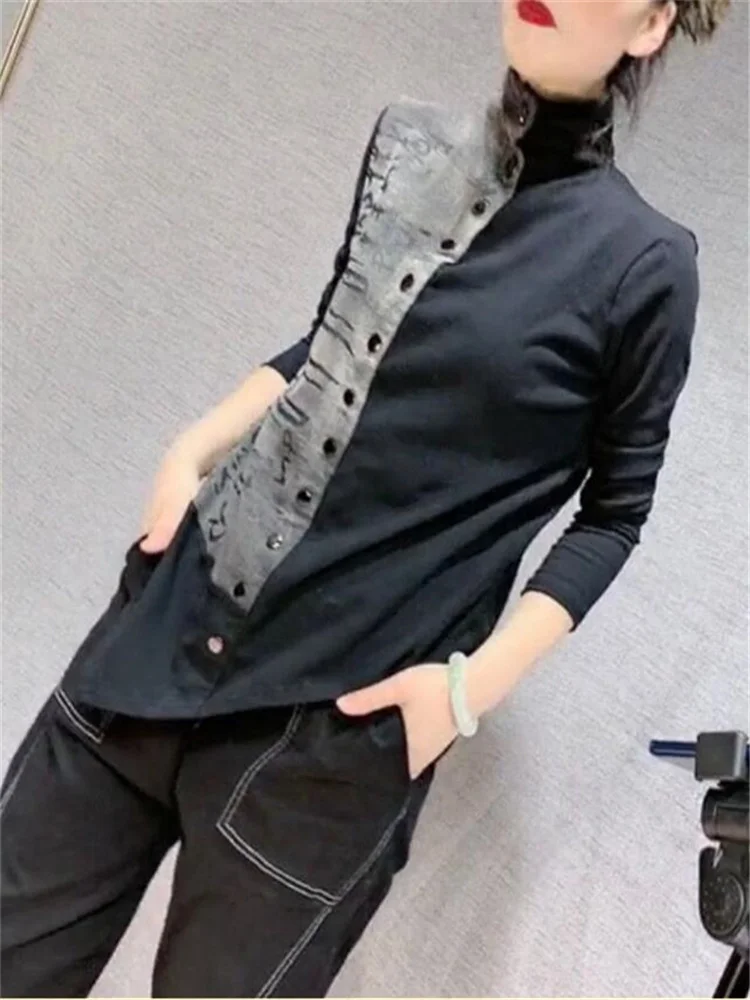 Stand-up Collar Asymmetry Blouses Women Shirt Fall Winter Personality Printed Long Sleeve Cotton Streetwear Chic Female Shirt