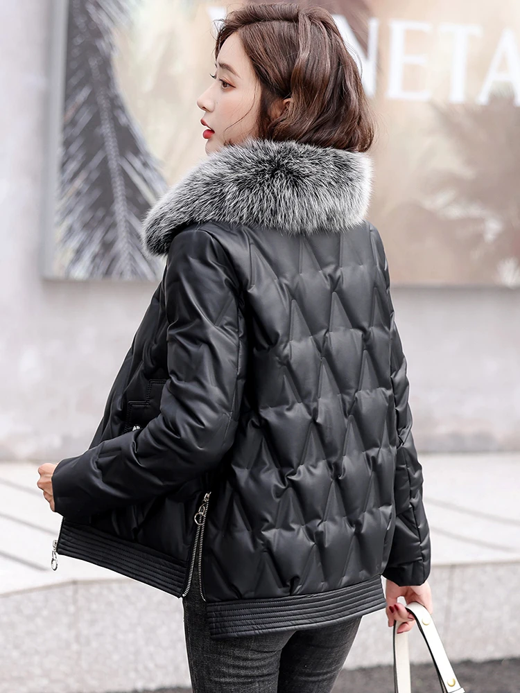 New Women Short Leather Down Coat Autumn Winter Fashion Warm Fox Fur Collar V-shaped Embossing Loose Sheepskin Down Jacket