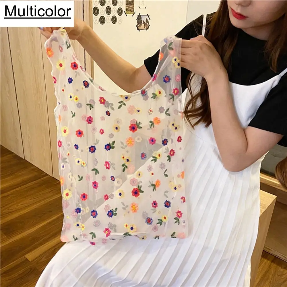 Women Girls Flower Eco Embroidery HandBag Shopping Tote Transparent Mesh Handbags