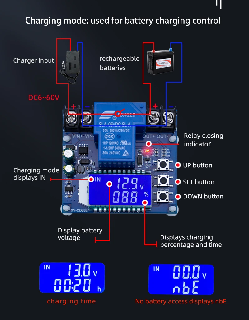 XY-CD63L 30a Batterie lades teuerung modul voll ausschalten dc Spannungs schutz unter Spannungs verlust schutz 6-60v – Detail 4