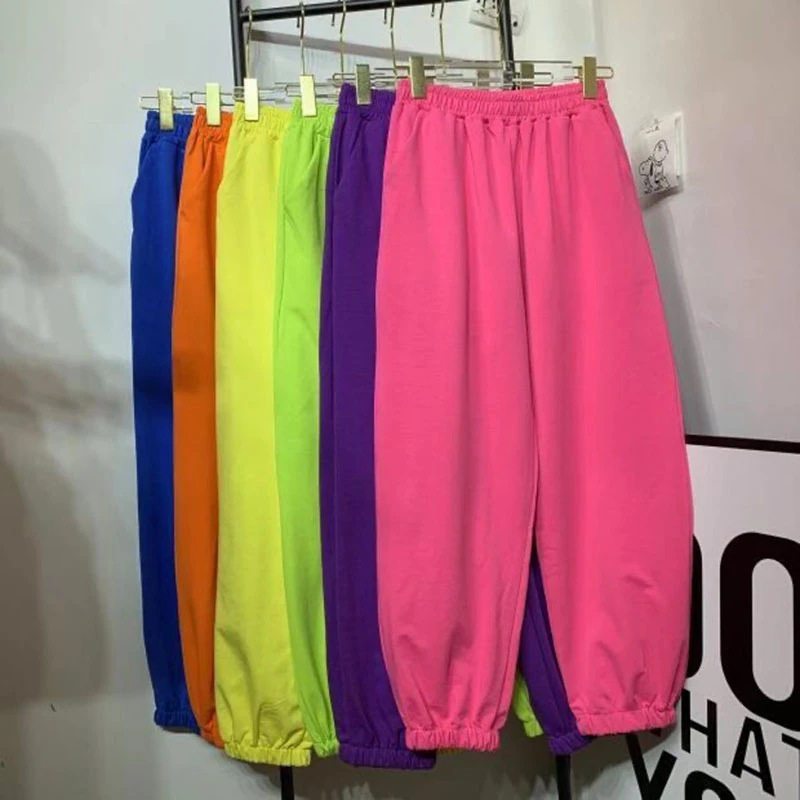 Spring Leisure Elastic Waist Loose Sport Pants Women Straight Trousers New Korean Style Candy Color Harem Pants Girl Students