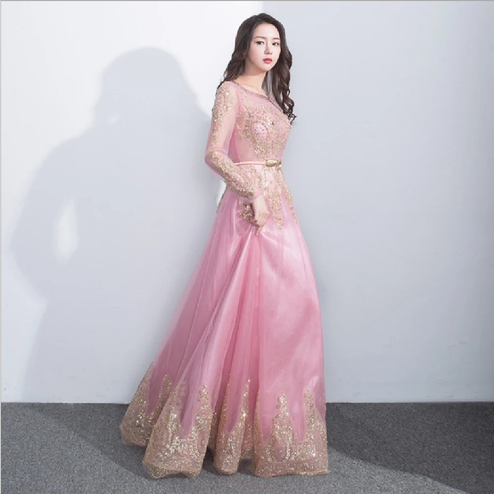 Neue Ankunft Luxuriöse Appliques Abendkleider Lange Charming Lange Sleeve Zipper Zurück EINE linie Staub Rosa Formale Party Kleid