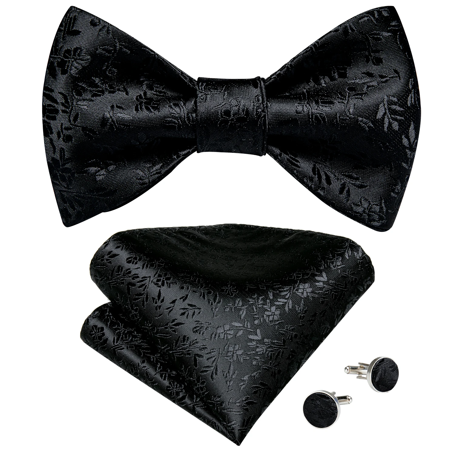 Black Floral Solid Self Tie Bow Tie Men Fashion Butterfly Silk Formal Business Wedding Party Bowtie Handkerchief Set DiBanGu