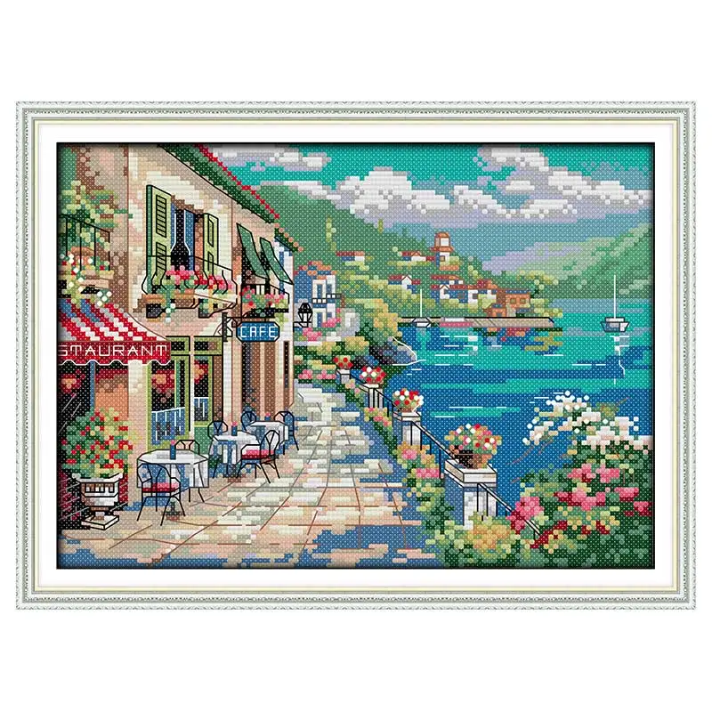 Seaside Cafe Patterns Counted Cross Stitch Set DIY 11CT 14CT 16CT Stamped DMC Cross-stitch Kit Embroidery Needlework Home Decor