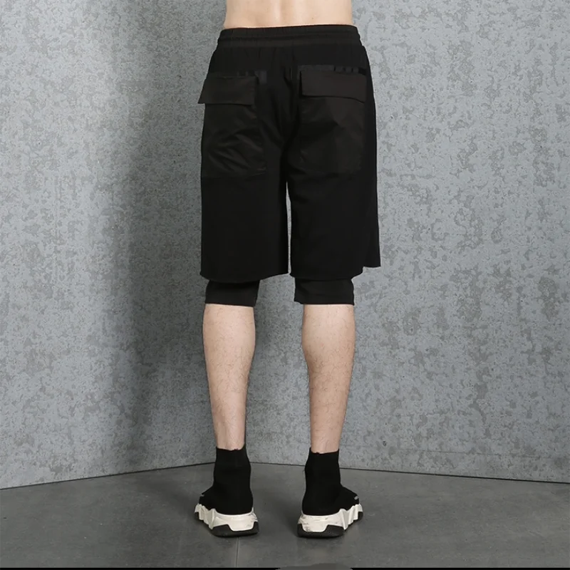 Men's Casual Shorts Summer New Dark Elastic Waist False Two Pieces Of Patchwork Design Hong Kong Style Sports Pants