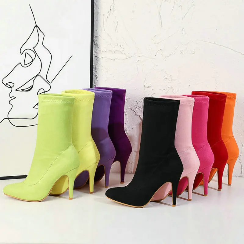 

2020 Plus Size Women Flock Boots Thin High Heel Fashion Pointed Toe Women Ankle Boots Purple Green Yellow Pink Red Orange Shoes