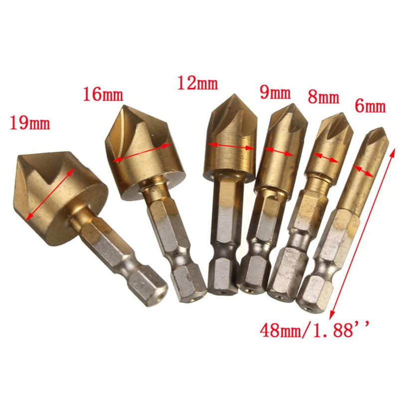 6pc Countersink Drill Bit Set 1/4\'\' Hex Shank HSS 5 Flute Countersink 90 Degree Wood Chamfering Cutter Chamfer 6mm-19mm Tool Set