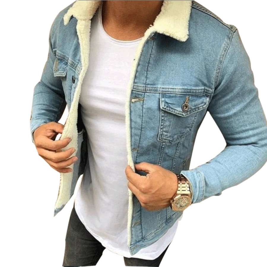 

Men Winter Denim Coat Loose Fleece Lined Lamb Wool Hooded Cotton Coat Plus Cowboy Outerwear Wool Liner Thicke Warm Denim Coats