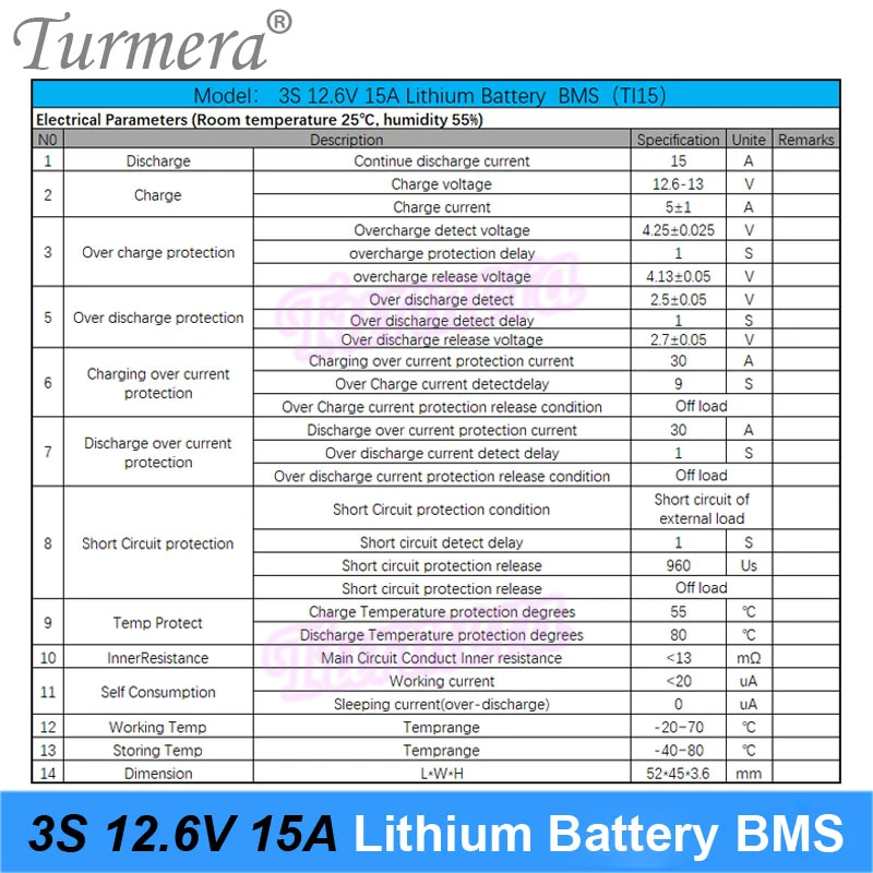 Turmera 3S 15A BMS 12,6 V 18650 Płytka zabezpieczona baterią litową do wkrętarki 10,8 V 12 V lub zasilacza nieprzerwanego