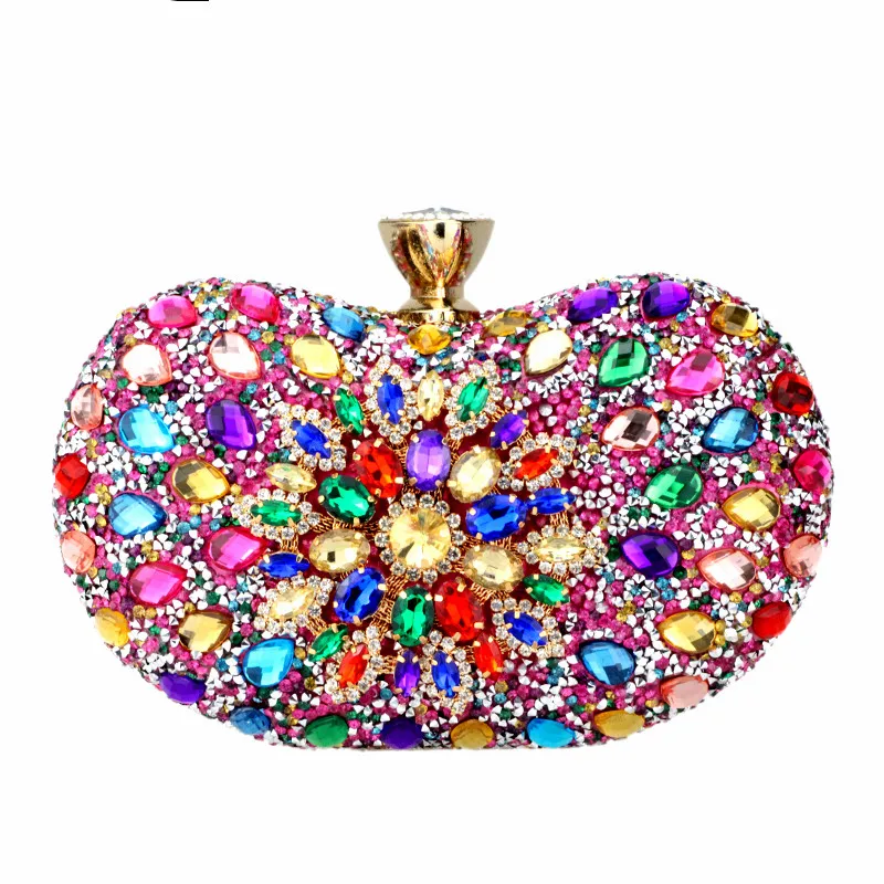 Multi Colors Two Side Luxury Crystal Floral Clutch Chain Bag Evening Woman Diamond Wedding Shoulder Wallet Purse Handbags