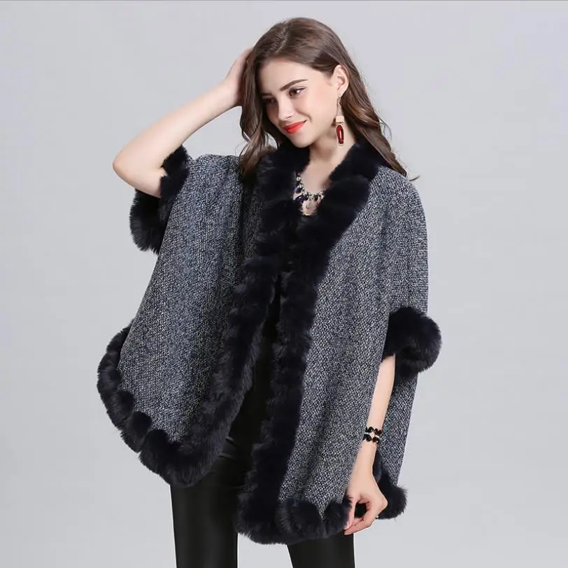 Winter Europa neue Fashon oversize lose nachahmung fuchs pelz kragen stricken mäntel weibliche fledermaus ärmel strickjacke schal mantel jacken F210