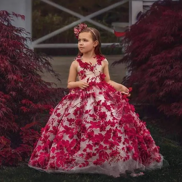 Robe à fleurs rouge pour mariage, robe de concours pour les filles, en Tulle, col V, avec Appliques à fleurs 3D, tenue d'anniversaire, première Communion